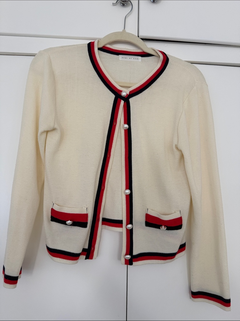 Cream Knit Cardigan with Red & Black Trim